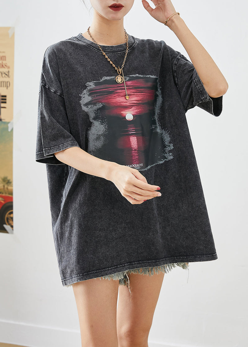 Black Oversized Sunset Print Cotton Tank Tops Summer
