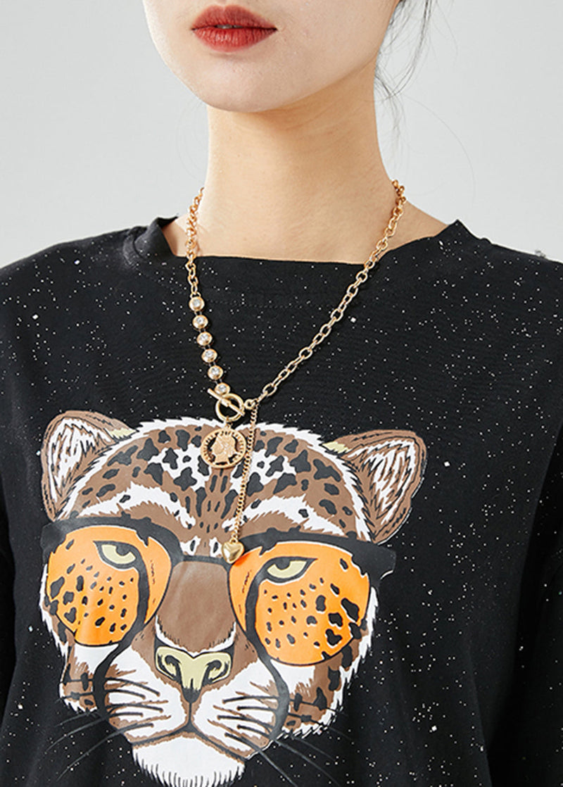 Black Oversized Tiger Print Side Open Cotton Tank Tops Summer