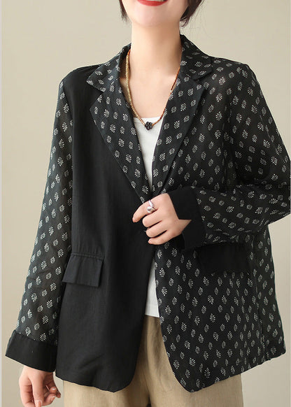 Black Patchwork Button Ramie Coat Spring