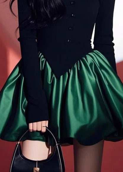 Black Patchwork Green O-neck Mid Dress Spring
