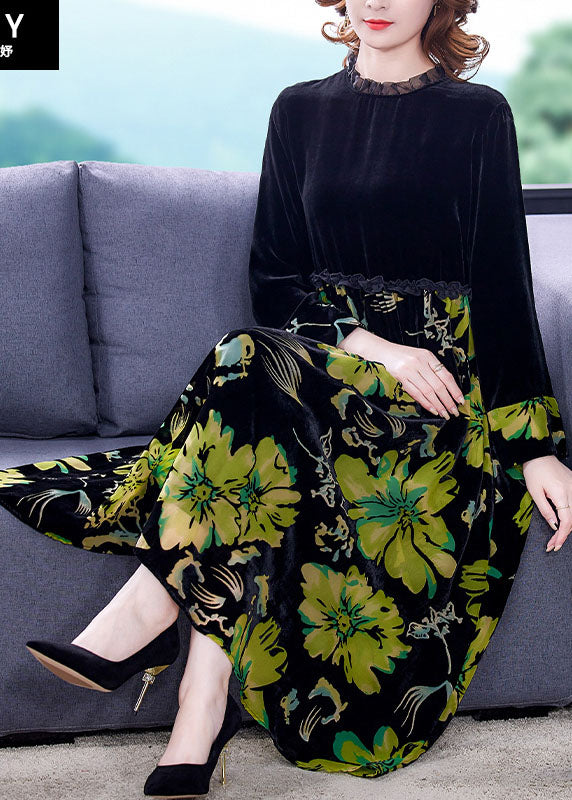 Black Patchwork Print Velour Dress Spring