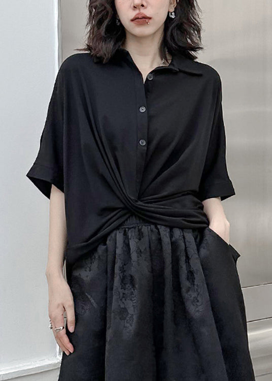 Black Peter Pan Collar Asymmetrical Patchwork Cotton Shirt Top Summer