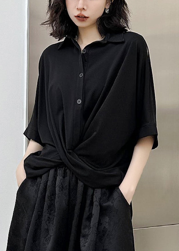 Black Peter Pan Collar Asymmetrical Patchwork Cotton Shirt Top Summer