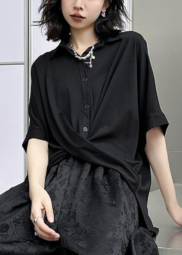 Black Peter Pan Collar Asymmetrical Patchwork Cotton Shirt Top Summer