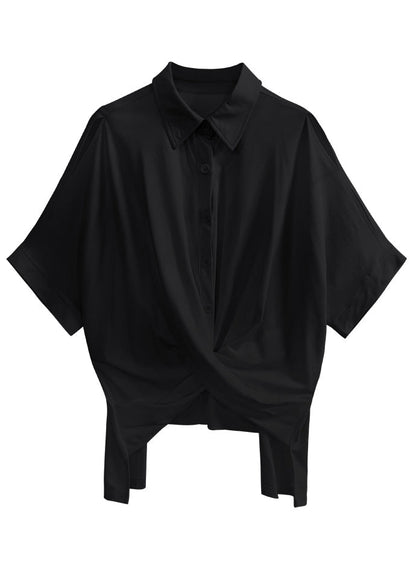 Black Peter Pan Collar Asymmetrical Patchwork Cotton Shirt Top Summer