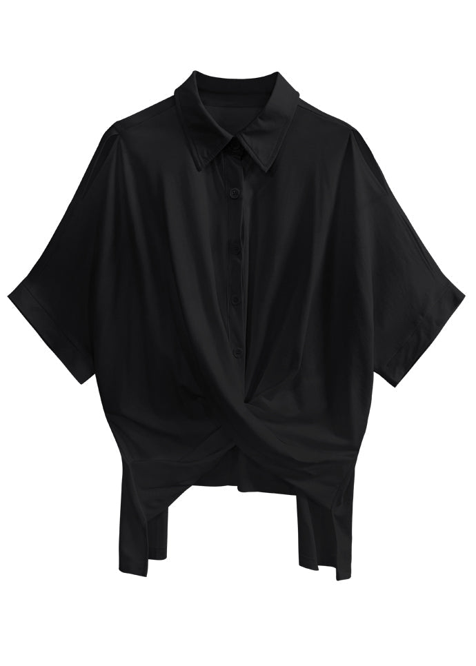 Black Peter Pan Collar Asymmetrical Patchwork Cotton Shirt Top Summer