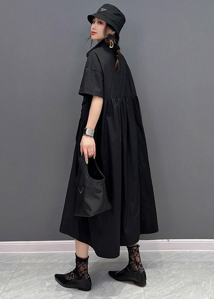 Black Peter Pan Collar Cinched Button Tulle Patchwork Maxi Dresses Short Sleeve