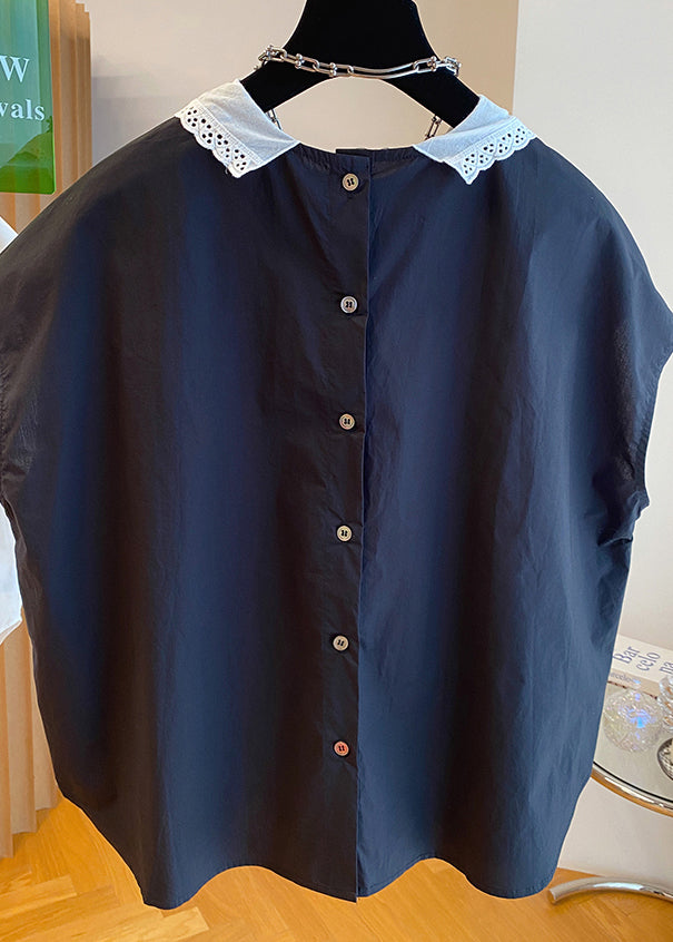 Black Peter Pan Collar Cotton Shirts Top Summer