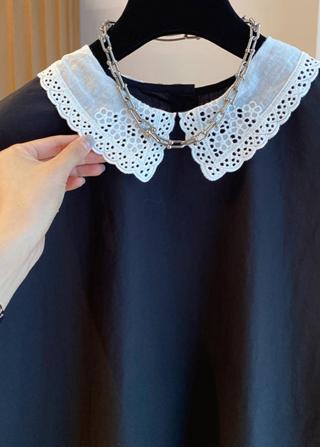 Black Peter Pan Collar Cotton Shirts Top Summer