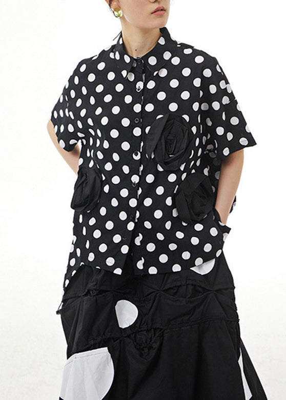 Black Peter Pan Collar Dot Cotton Shirt Summer