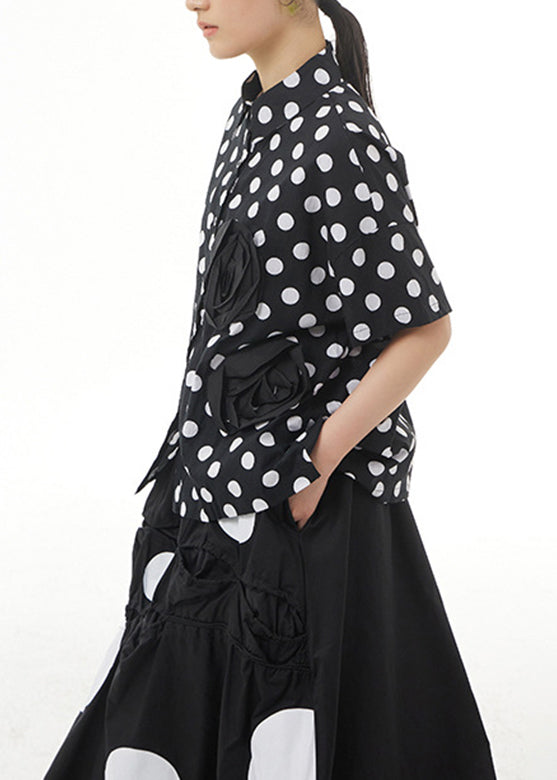 Black Peter Pan Collar Dot Cotton Shirt Summer