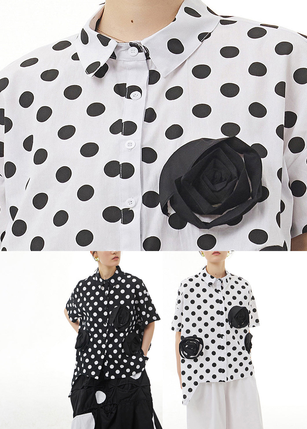Black Peter Pan Collar Dot Cotton Shirt Summer