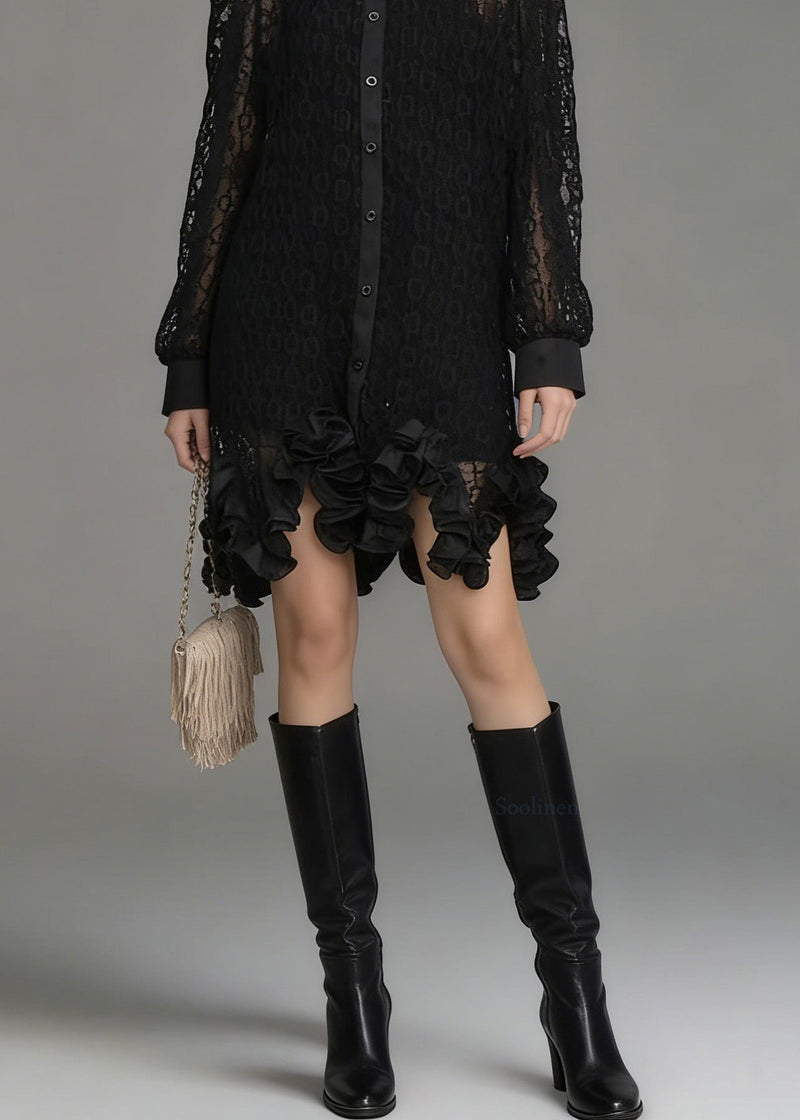 Black Peter Pan Collar Hollow Out Lace Shirt Tops Spring