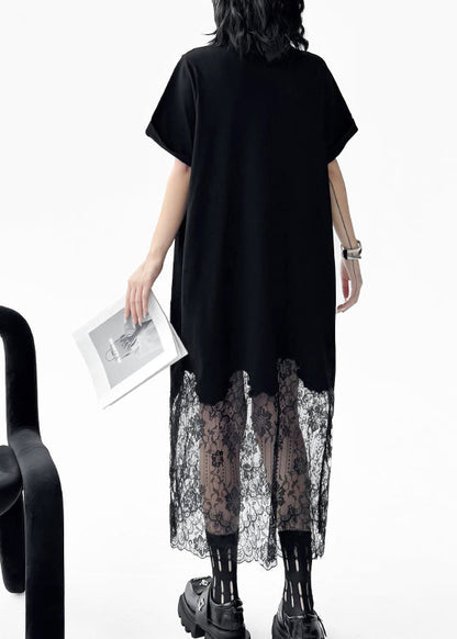 Black Peter Pan Collar Lace Patchwork Cotton Dresses Summer