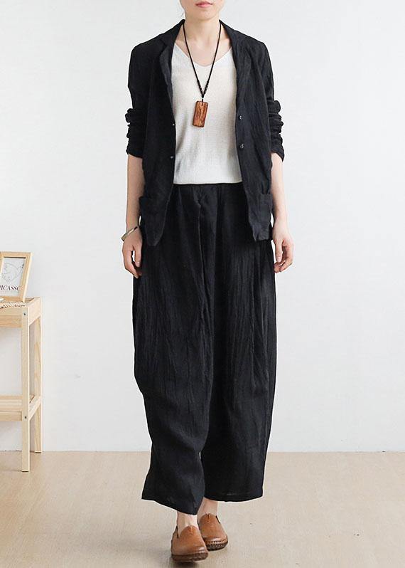 Black Peter Pan Collar Linen Spring Jackets