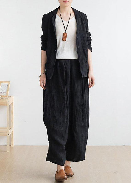 Black Peter Pan Collar Linen Spring Jackets