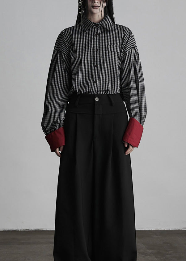 Black Peter Pan Collar Plaid Button Cotton Shirts Spring