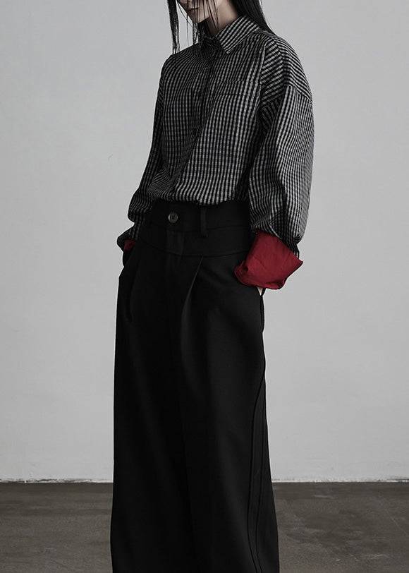 Black Peter Pan Collar Plaid Button Cotton Shirts Spring