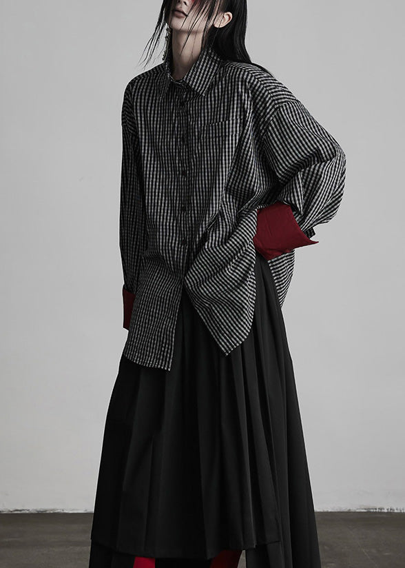 Black Peter Pan Collar Plaid Button Cotton Shirts Spring