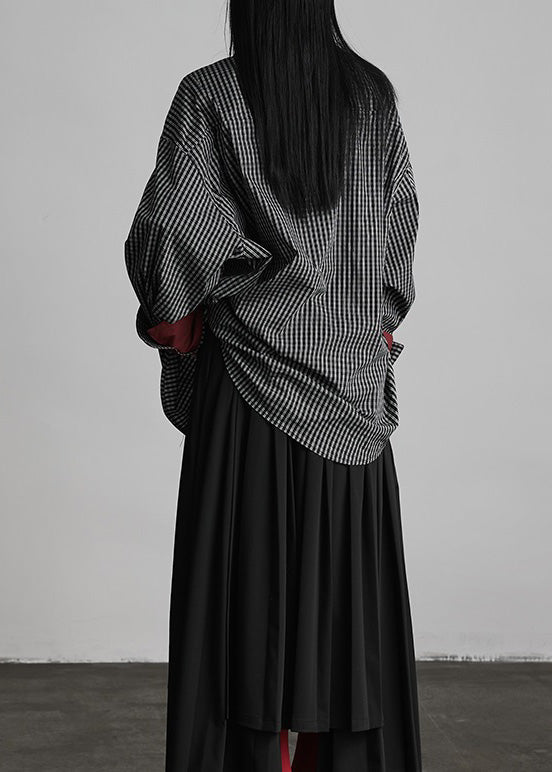 Black Peter Pan Collar Plaid Button Cotton Shirts Spring