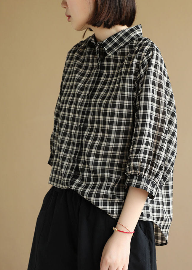 Black Peter Pan Collar Plaid Cotton Shirt Top Bracelet Sleeve