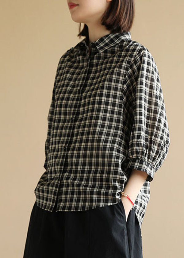 Black Peter Pan Collar Plaid Cotton Shirt Top Bracelet Sleeve