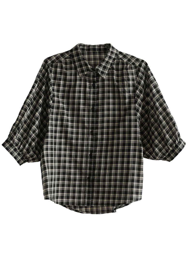Black Peter Pan Collar Plaid Cotton Shirt Top Bracelet Sleeve