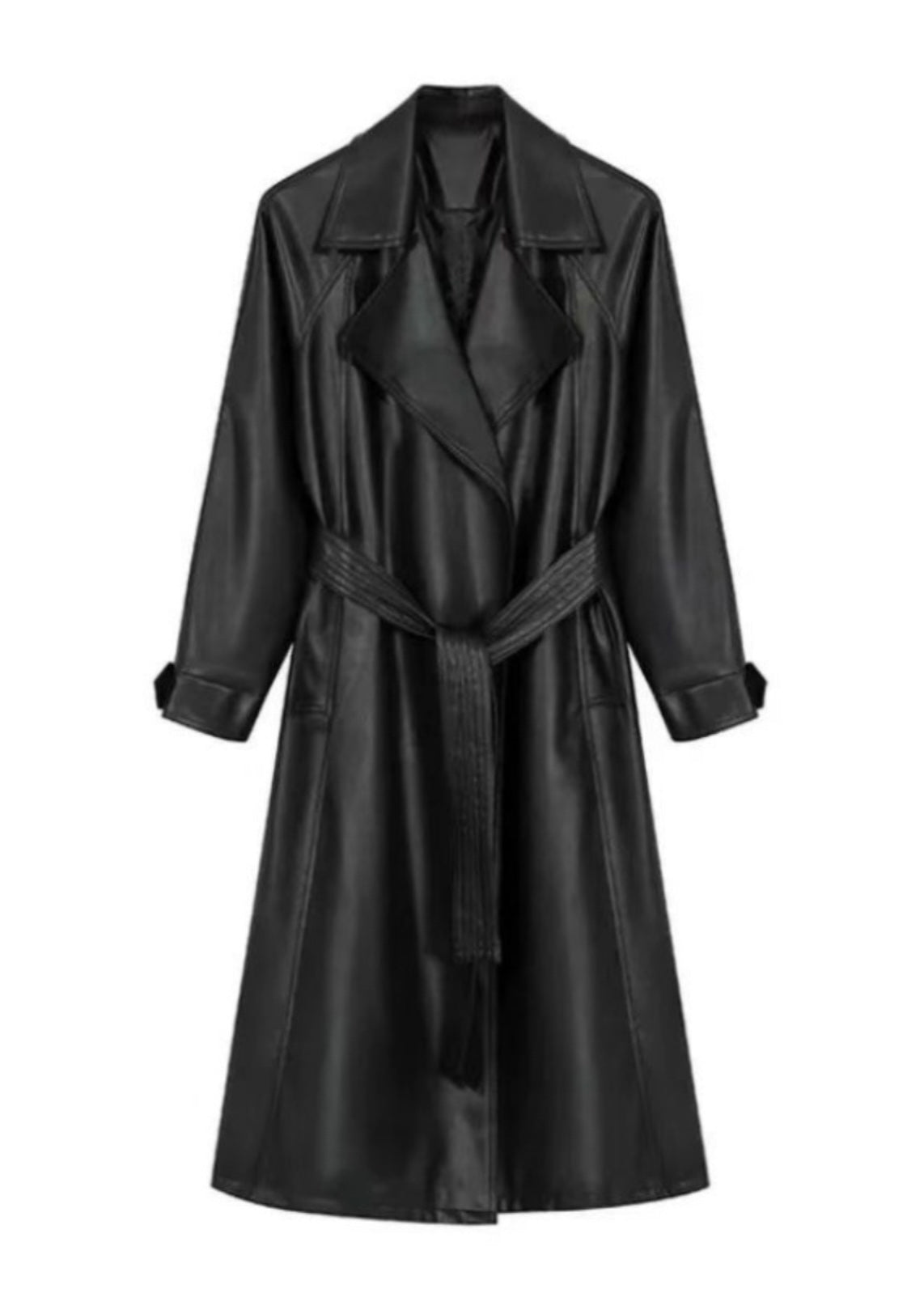 Black Peter Pan Collar Pockets Faux Leather Trench Spring