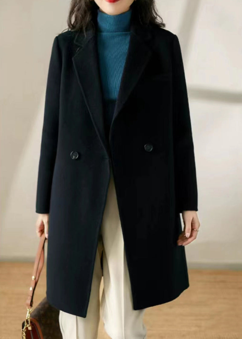 Black Peter Pan Collar Pockets Patchwork Woolen Trench Winter
