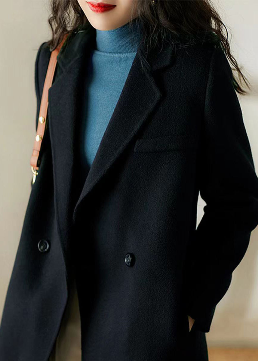 Black Peter Pan Collar Pockets Patchwork Woolen Trench Winter