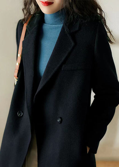 Black Peter Pan Collar Pockets Patchwork Woolen Trench Winter
