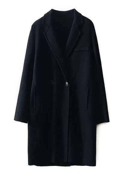 Black Peter Pan Collar Pockets Patchwork Woolen Trench Winter