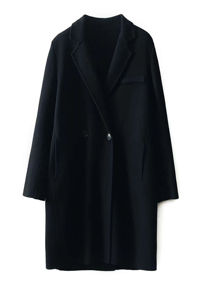 Black Peter Pan Collar Pockets Patchwork Woolen Trench Winter
