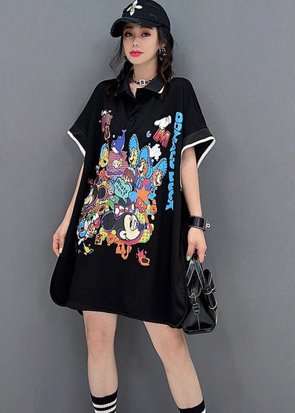 Black Peter Pan Collar Print Mid Dresses Short Sleeve