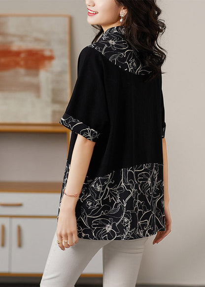 Black Peter Pan Collar Print Patchwork Button Cotton Shirt Short Sleeve