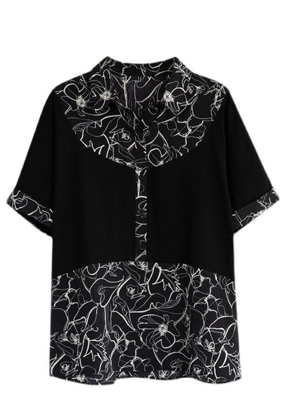 Black Peter Pan Collar Print Patchwork Button Cotton Shirt Short Sleeve