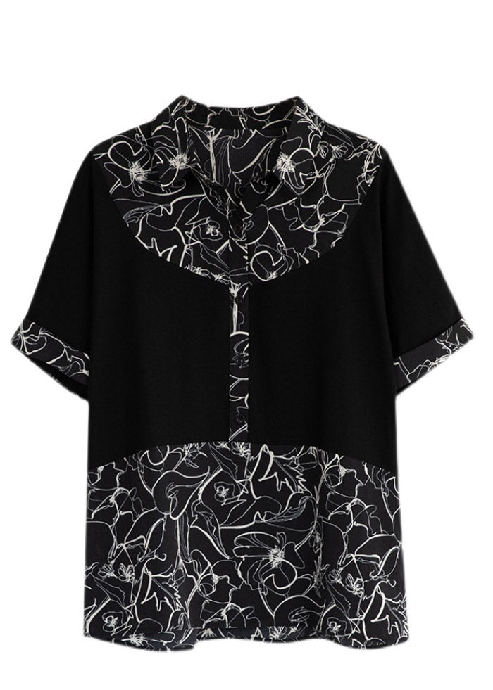 Black Peter Pan Collar Print Patchwork Button Cotton Shirt Short Sleeve
