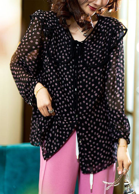 Black Peter Pan Collar Print Patchwork Chiffon Blouse Tops Spring