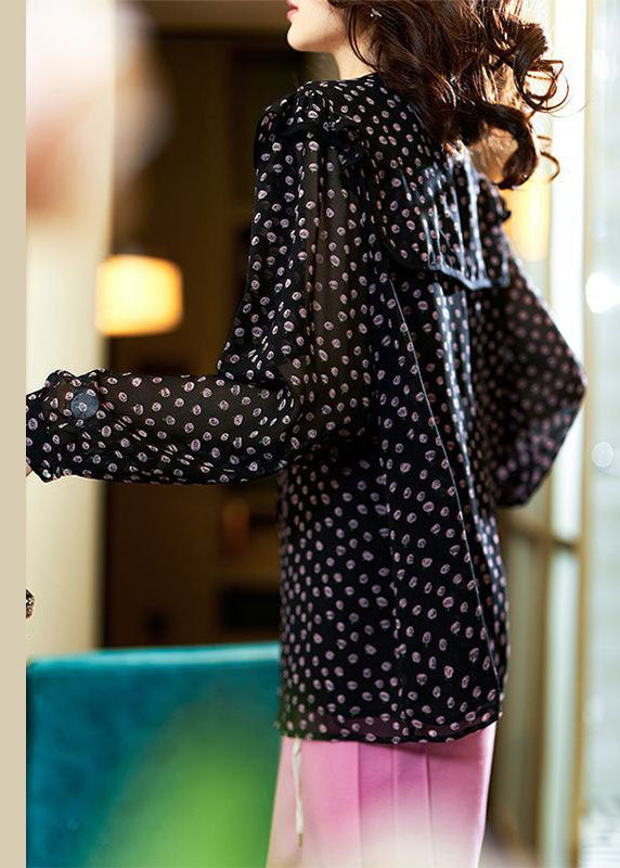 Black Peter Pan Collar Print Patchwork Chiffon Blouse Tops Spring