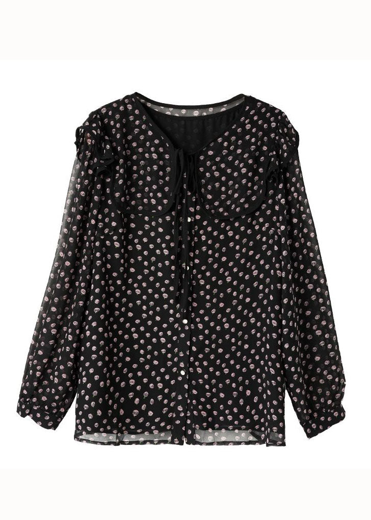 Black Peter Pan Collar Print Patchwork Chiffon Blouse Tops Spring