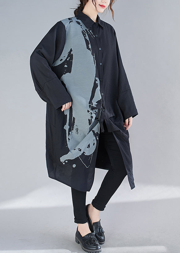 Black Peter Pan Collar Print Patchwork Cotton Shirts Dresses Fall