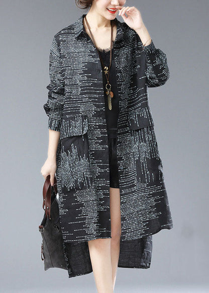 Black Peter Pan Collar Print Pockets Patchwork Cotton Long Coat Fall