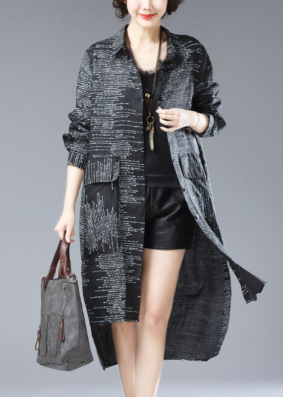 Black Peter Pan Collar Print Pockets Patchwork Cotton Long Coat Fall