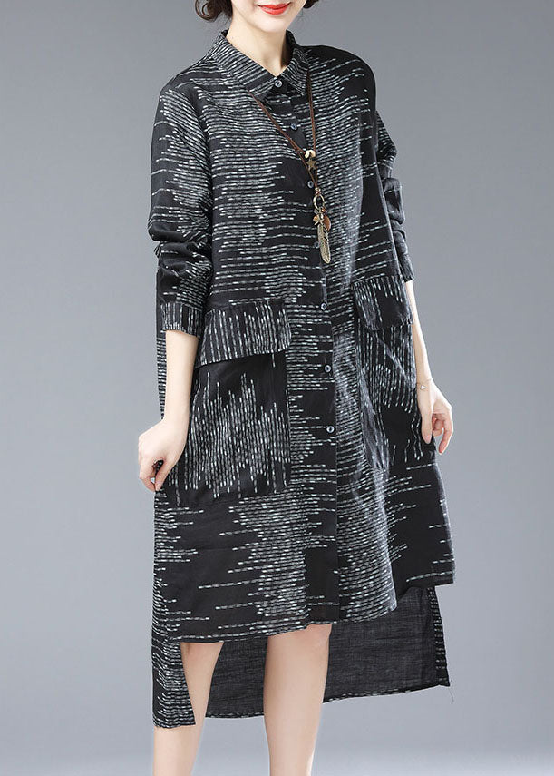 Black Peter Pan Collar Print Pockets Patchwork Cotton Long Coat Fall