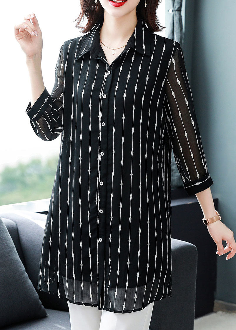 Black Peter Pan Collar Striped Patchwork Silk Shirt Bracelet Sleeve