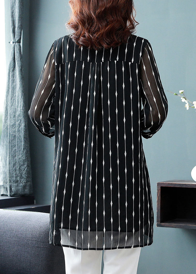 Black Peter Pan Collar Striped Patchwork Silk Shirt Bracelet Sleeve