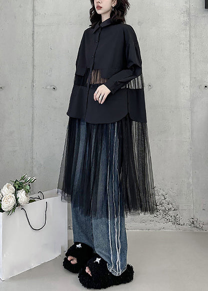 Black Peter Pan Collar Tulle Patchwork Shirts Dress Fall