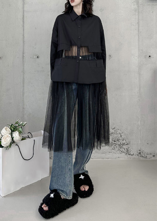 Black Peter Pan Collar Tulle Patchwork Shirts Dress Fall