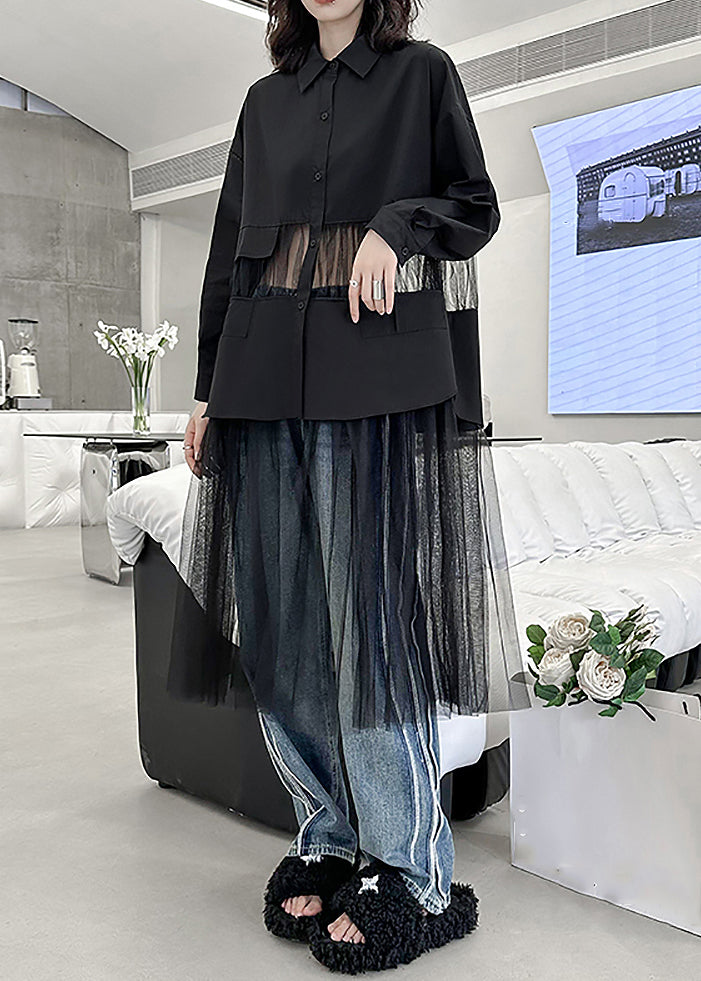 Black Peter Pan Collar Tulle Patchwork Shirts Dress Fall