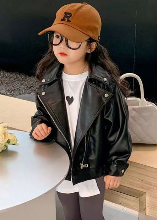 Black Peter Pan Collar Zip Up Faux Leather Coats Fall